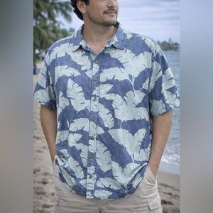 Cooke Street Honolulu 2XL Hawaiian Shirt Blue Reverse Banana Leaf Print Cotton